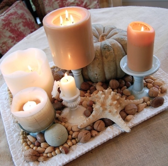 seashells and candles coastal Thanksgiving decor